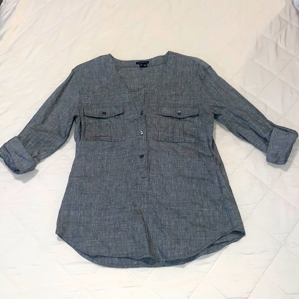 Theory shirt. Denim, tailored, ¾ tie up for sleeves, v-neck. Casual $ cool!